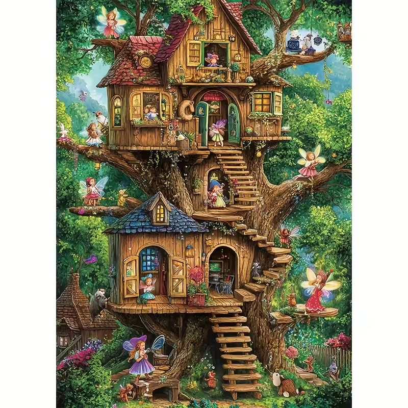 Fantasy treehouse with fairies in a lush forest puzzle